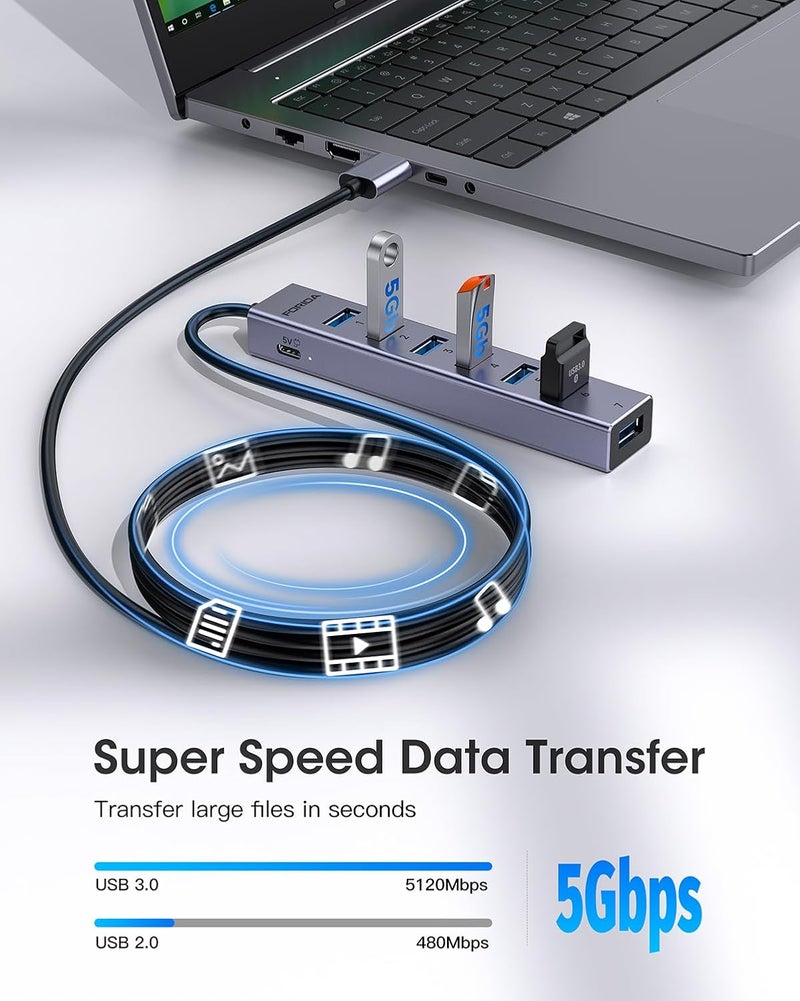 Florida محور USB 8 منافذ من سبائك الألمنيوم مع كابل طويل وموزع USB مع 7 منافذ بيانات USB 3.0 ومنفذ طاقة TypeC 5V/3A متوافق مع MacBook، الكمبيوتر المحمول، Surface Pro، PS5، الكمبيوتر الشخصي والمزيد (رمادي، USB A-47 بوصة) - Image 5